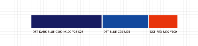 DST DARK BLUE C100 M100 Y25 K25, DST BLUE C95 M75, DST RED M90 Y100